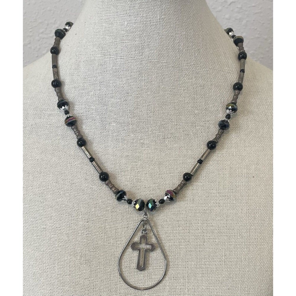 Silvertone Cross Black Iridescent Beads Pendant Women’s Necklace Toggle Clasp